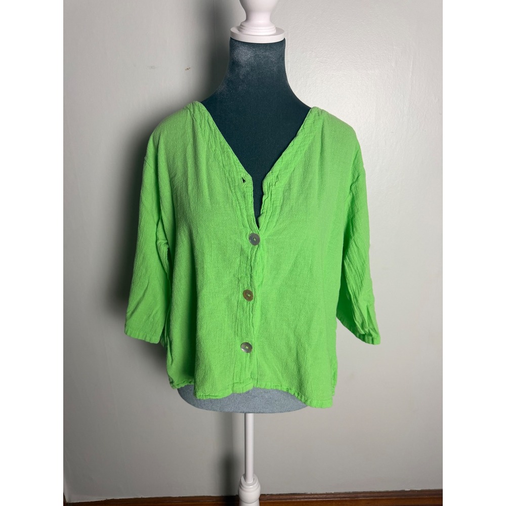 Oh My Gauze Crinkle Cotton V-Neck Top 3/4 Sleeve Lagenlook boho euro summer S